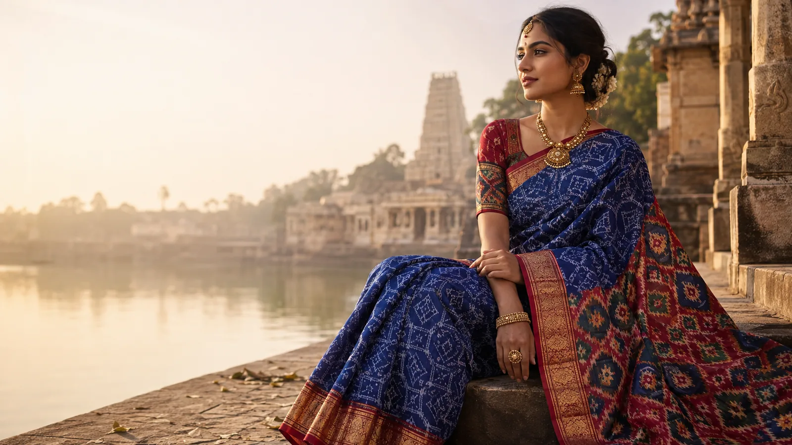 A blue Pochampally ikat saree worn by the water, a temple gopuram beyond