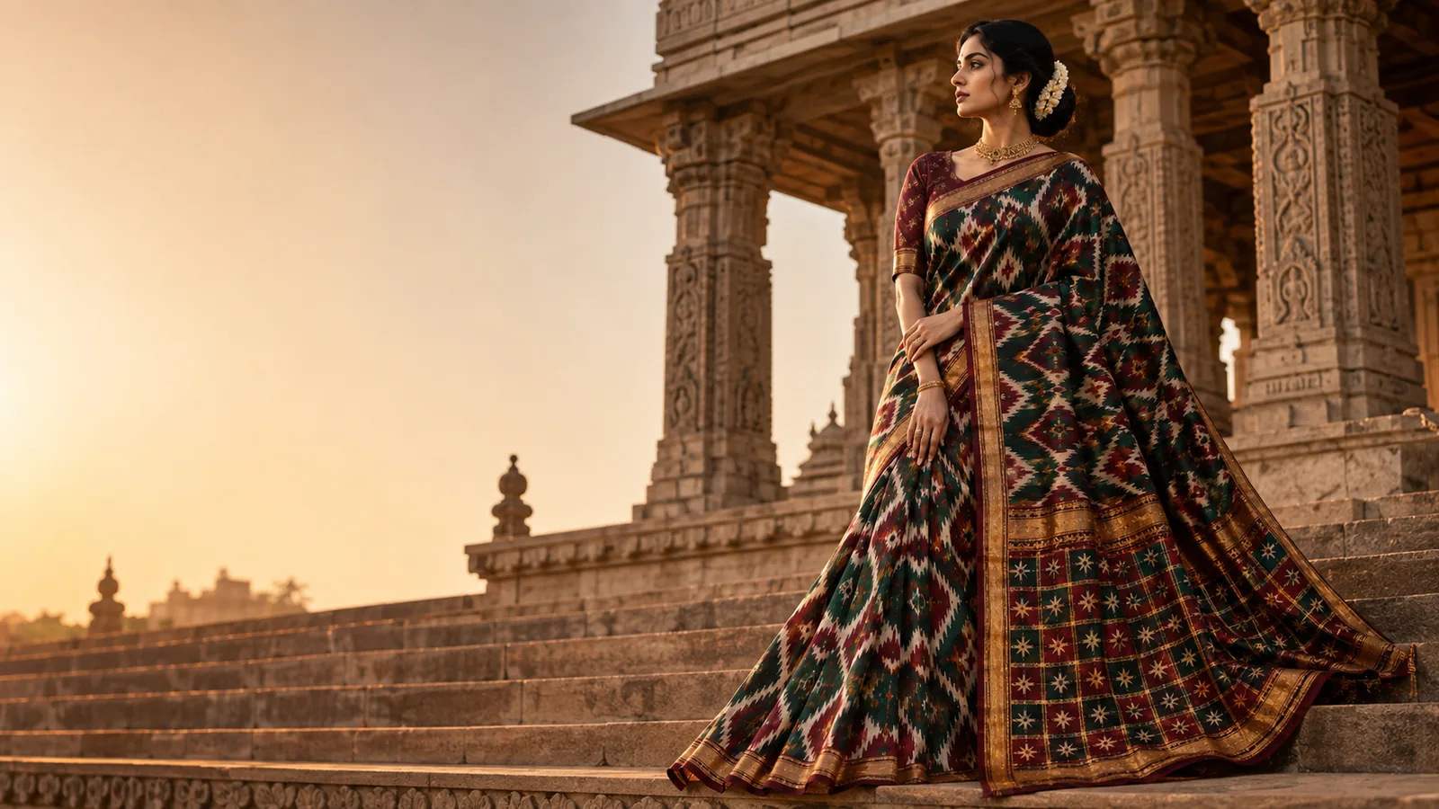 A deep green and maroon Pochampally ikat saree on temple steps at sunset