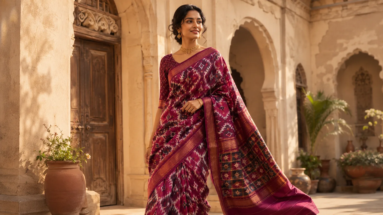 A magenta Pochampally ikat saree in a sunlit courtyard