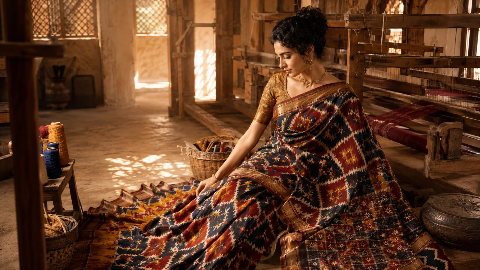 A navy and red Pochampally ikat saree in a weaving workshop, looms behind