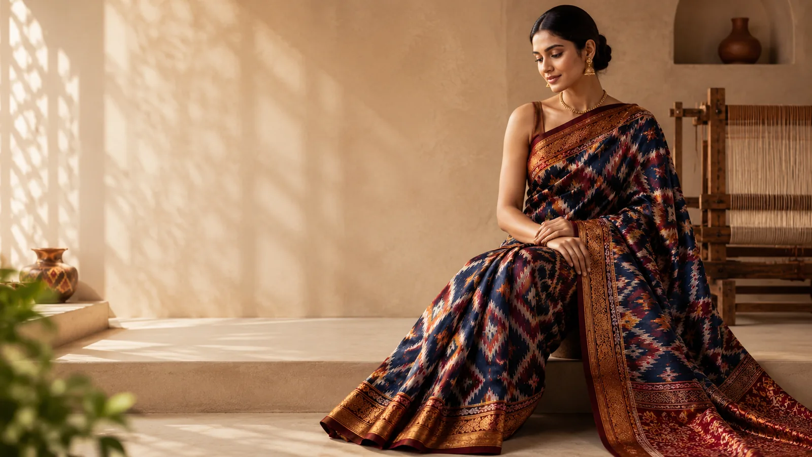 An indigo and gold Pochampally ikat saree in sunlight beside a loom
