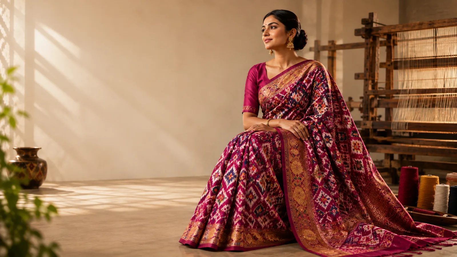 A magenta Pochampally ikat saree beside a wooden handloom and thread cones
