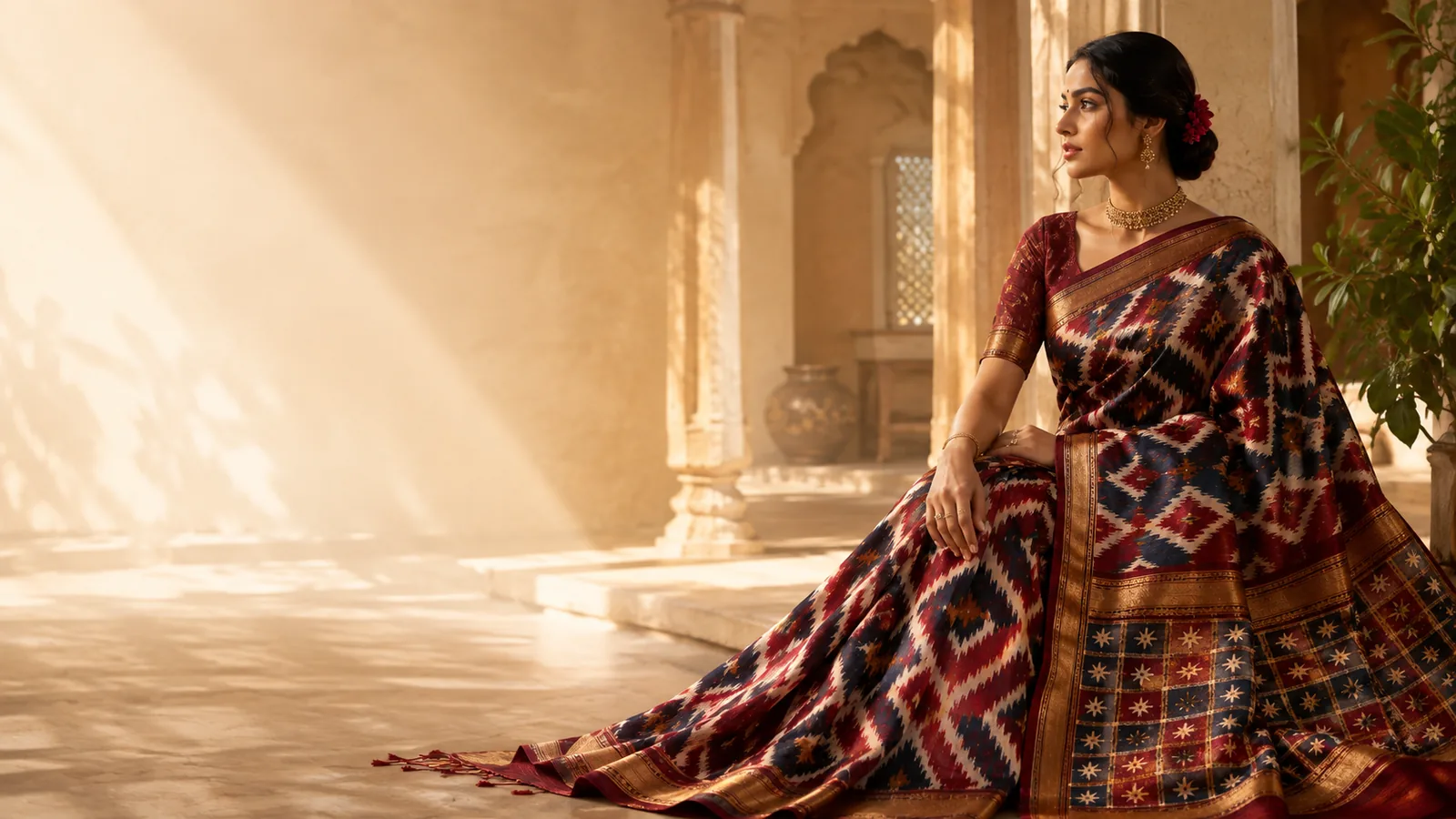 A maroon and indigo Pochampally ikat saree in a stone courtyard